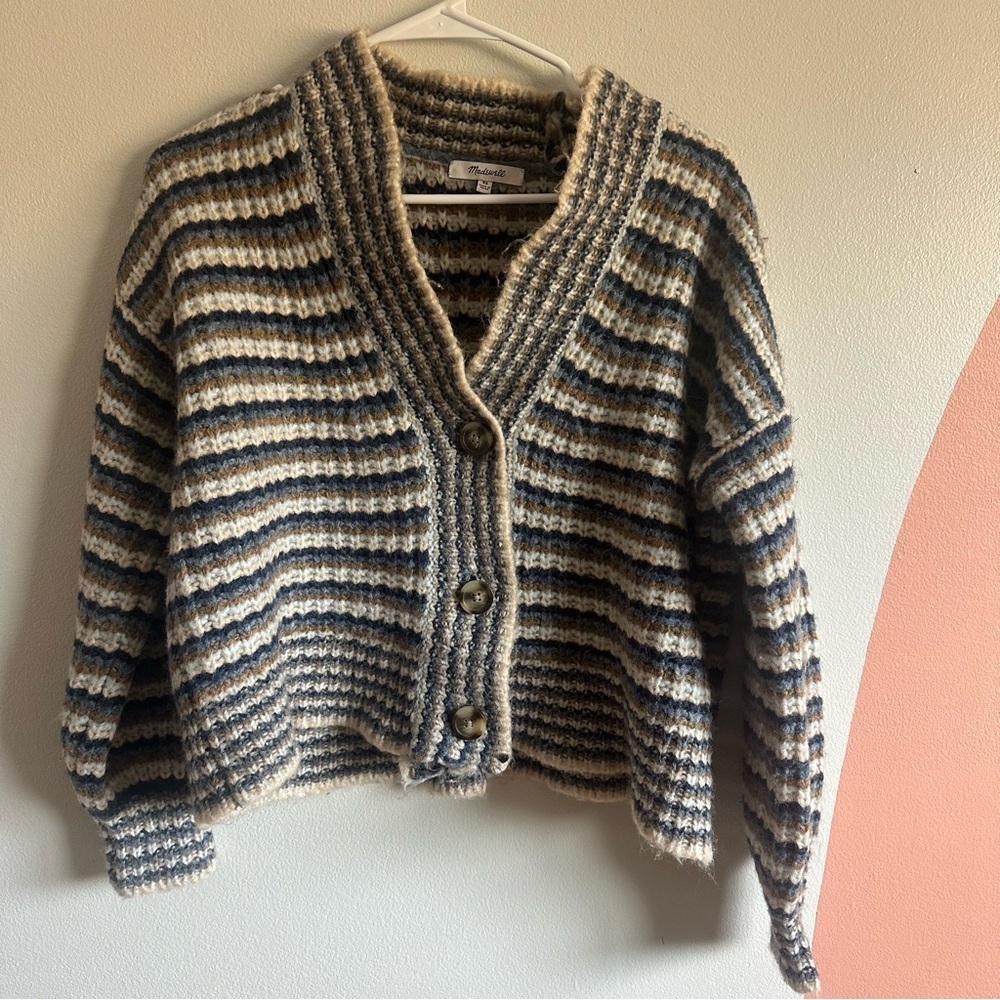 Madewell Waller Crop Cardigan Sweater Stripe Fuzzy Chunky Wool Blend XS - Picture 6 of 10